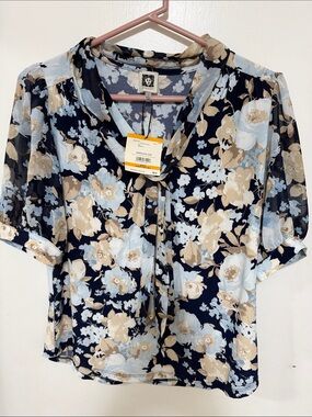 NWT Anne Klein Floral Tie-Neck Blouse in Navy and Beige - Small